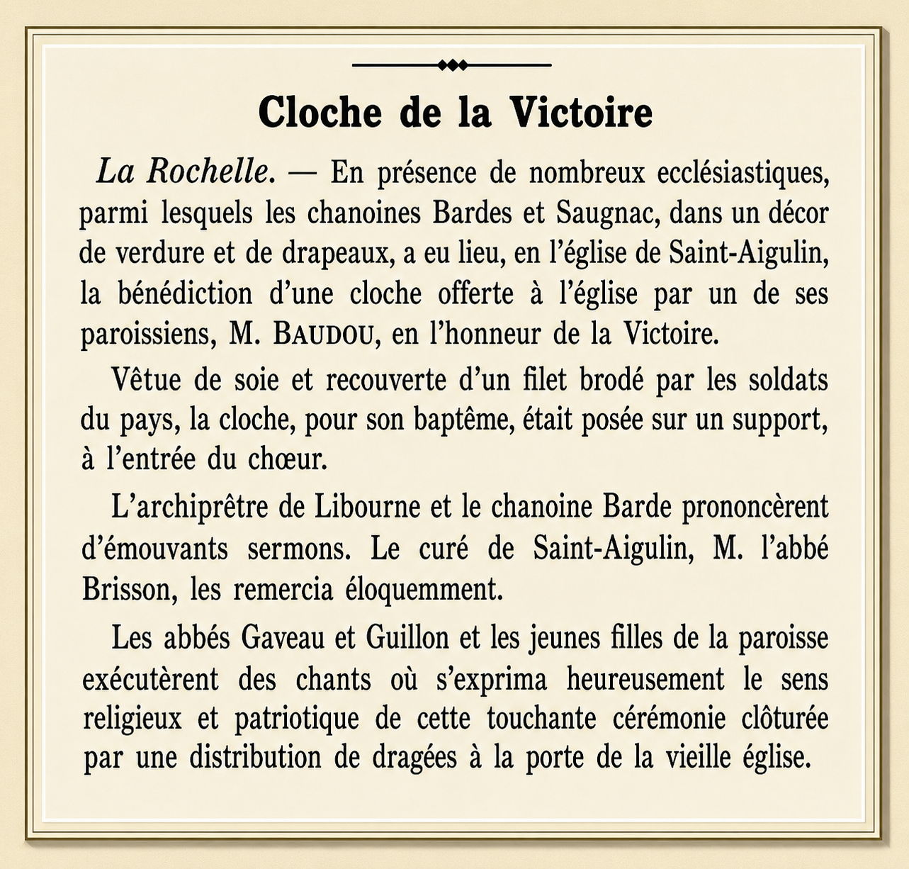 Bénédiction de la cloche de l'église, 1919